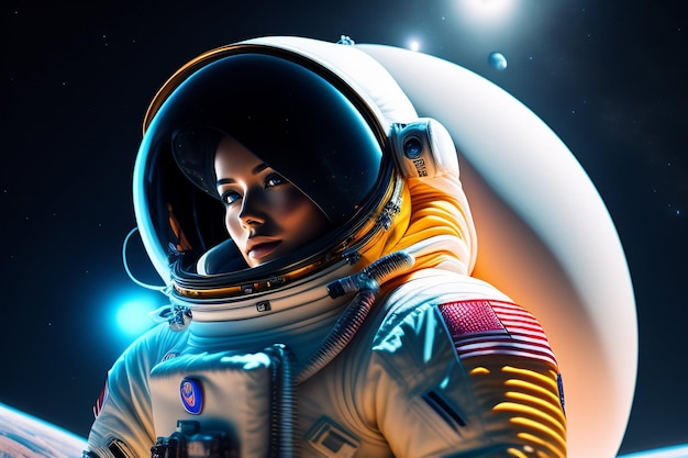 Um astronauta em um traje espacial com um logotipo que diz 