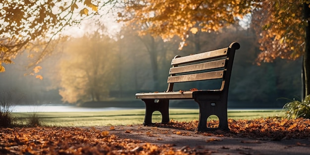 Um banco solitário num parque de outono cercado de folhas caídas