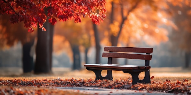 Um banco solitário num parque de outono cercado de folhas caídas