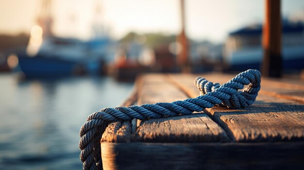 Um barco atracado no cais com cordas segurando-o contra um fundo desfocado