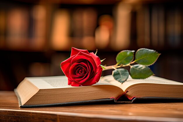 Um belo arranjo de rosas vermelhas e livros.