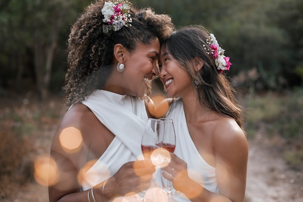 Foto grátis um belo casal de lésbicas a celebrar o dia do casamento ao ar livre.