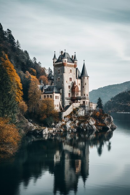 Um belo castelo à beira do lago.