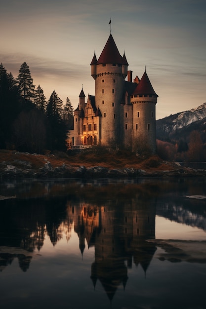 Um belo castelo à beira do lago.