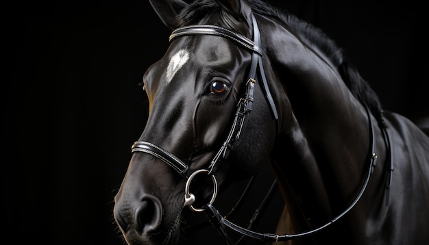 Um belo garanhão preto na natureza a correr com elegância e graça gerada pela inteligência artificial.