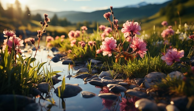 Foto grátis um belo prado de flores coloridas sob o pôr-do-sol de verão gerado pela inteligência artificial