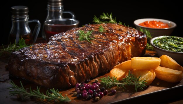 Um bife grelhado cozido à perfeição com molho salgado e vegetais gerados por inteligência artificial.