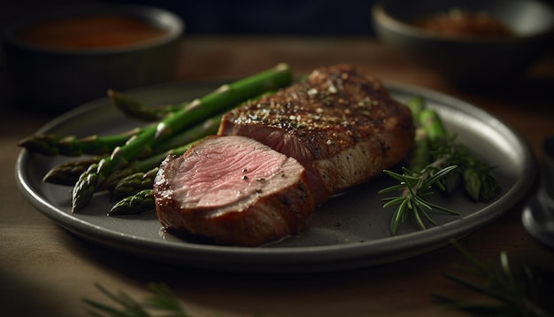 Um bife grelhado, suculento e macio, pronto para ser comido num prato rústico gerado por inteligência artificial.