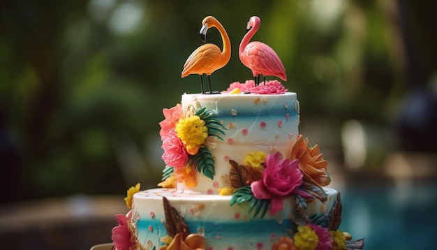 Foto grátis um bolo com dois flamingos em cima