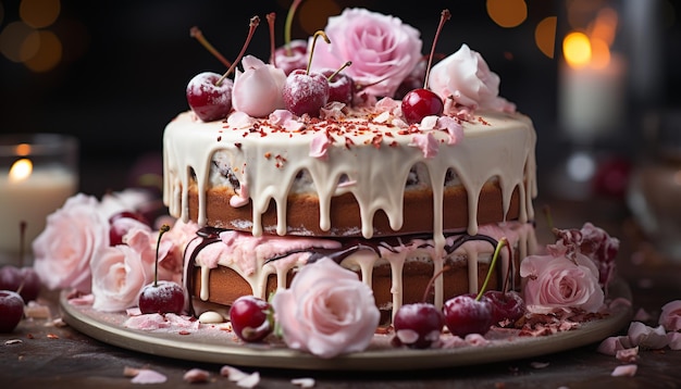 Foto grátis um bolo de chocolate caseiro decadente com decoração de frutas frescas gerado por inteligência artificial