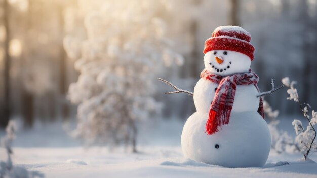 Um boneco de neve alegre adornado com um lenço e um chapéu está em uma extensão nevada