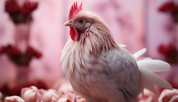 Um bonito bebê frango em uma fazenda olhando para uma câmera gerada por inteligência artificial