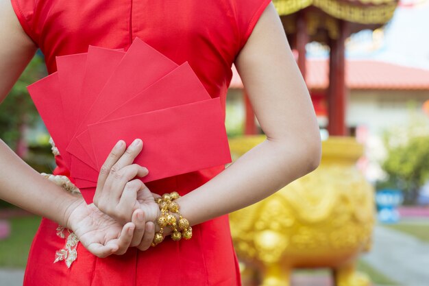 Um, bonito, menina asian, desgastar, um, vestido vermelho