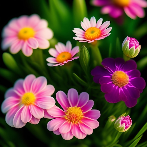 Foto grátis um buquê de flores cor de rosa com uma que tem um centro amarelo.