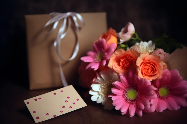 Um buquê de flores e um cartão vazio para o dia das mães