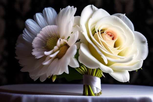 Um buquê de flores está sobre uma mesa com uma fita branca em volta.