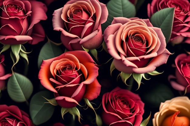 Um buquê de rosas com a palavra amor no canto inferior esquerdo