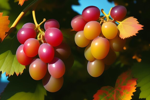 Um cacho de uvas com as folhas vermelhas e amarelas ao fundo.