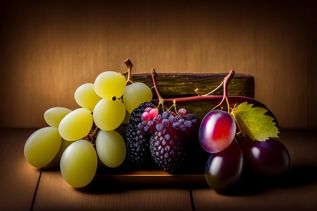 Foto grátis um cacho de uvas e uvas em uma mesa de madeira