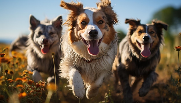 Um cachorrinho fofo correndo na grama, pura felicidade ao ar livre, gerada por inteligência artificial