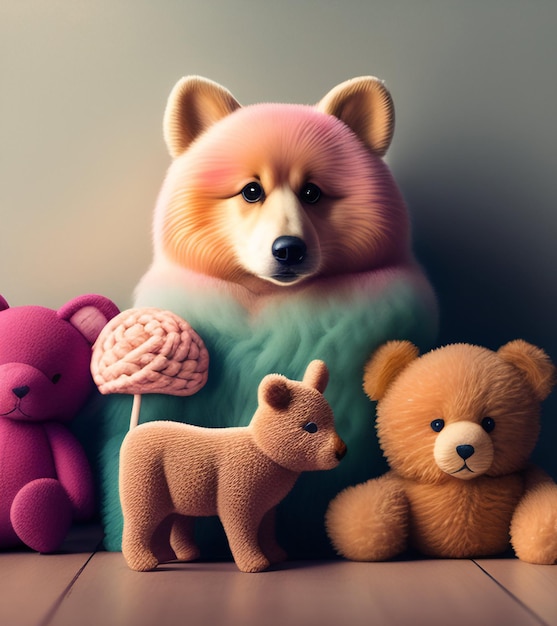 Foto grátis um cachorro e um urso rosa estão sobre uma mesa.