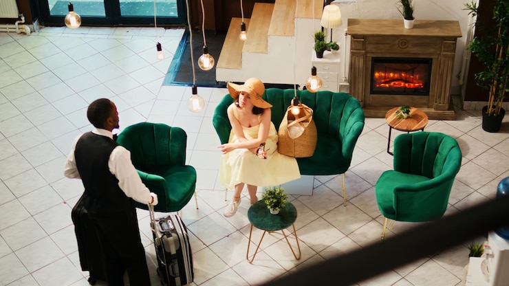 Foto grátis um camareiro oferecendo serviços a uma mulher na área de lounge, esperando para fazer o check-in no hotel à beira-mar. um turista sentado no sofá e falando com o concierge do hotel, roupas de verão. fotografia de mão.