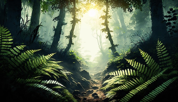 Foto grátis um caminho de floresta com samambaias em primeiro plano