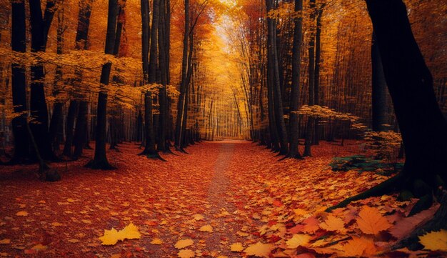 Um caminho em uma floresta com folhas nele