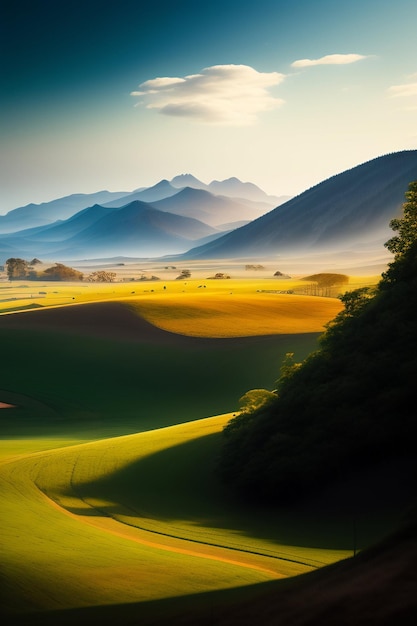 Um campo com montanhas ao fundo