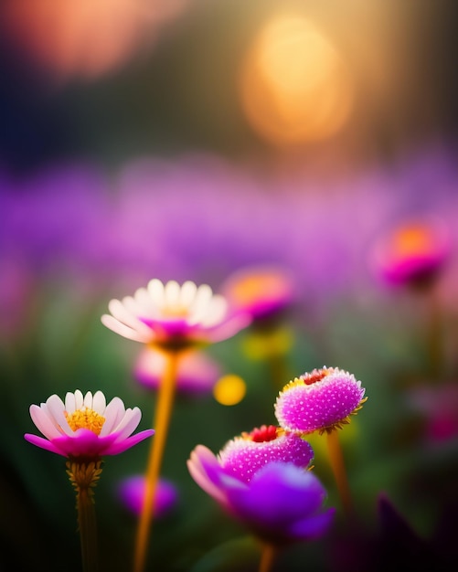 Foto grátis um campo de flores com o sol se pondo atrás delas