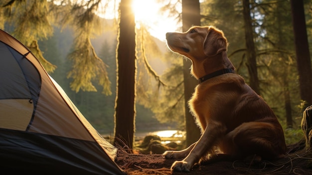 Foto grátis um cão alegre aprecia o som dos pássaros enquanto acampa