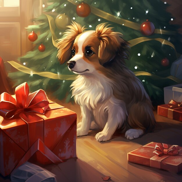 Um cão giro sentado junto aos presentes de Natal.