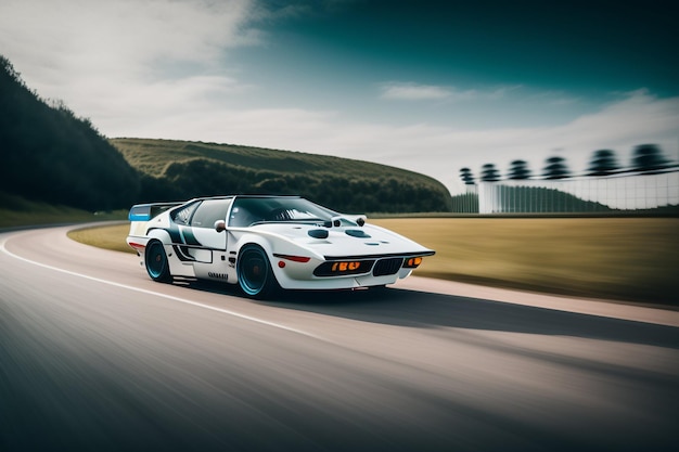 Foto grátis um carro de corrida gt3 branco e azul dirige por uma estrada.