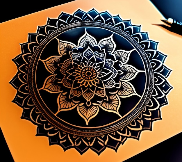 Um cartão preto e laranja com um desenho de flor.