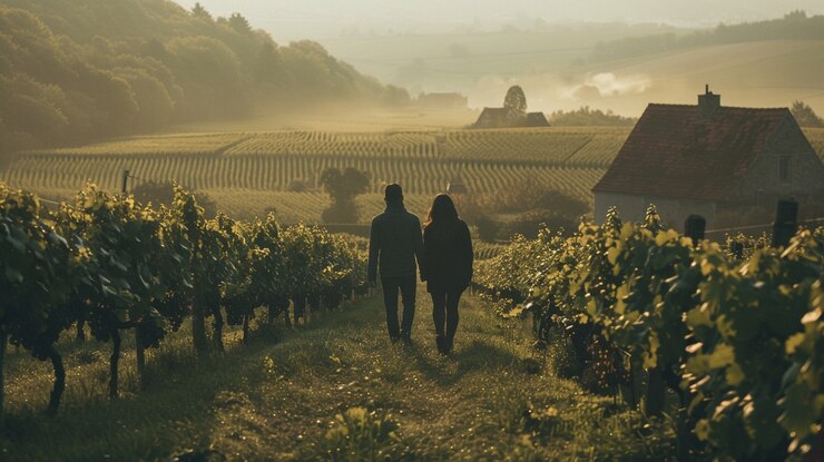 Foto grátis um casal a caminhar por uma vinha.