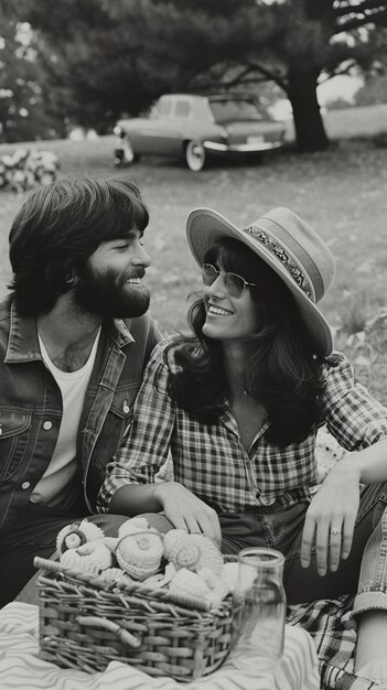 Um casal adorável a desfrutar de um piquenique