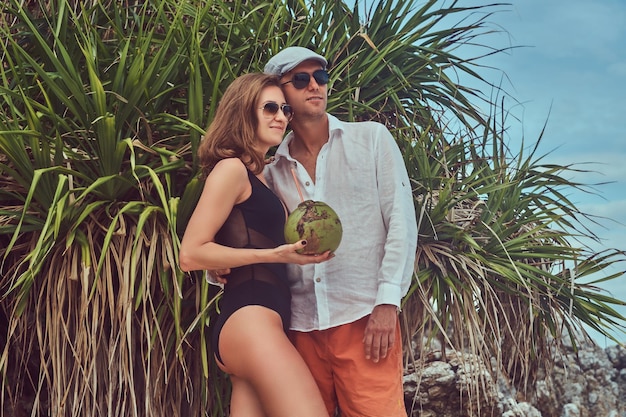 Um casal atraente, segura coco com um tubo, posando em uma praia perto de palmeiras, desfruta de férias em uma bela ilha.