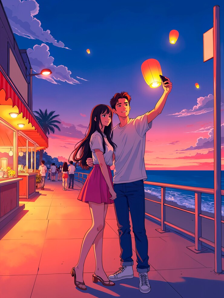 Foto grátis um casal de anime soltando lanternas ao pôr do sol