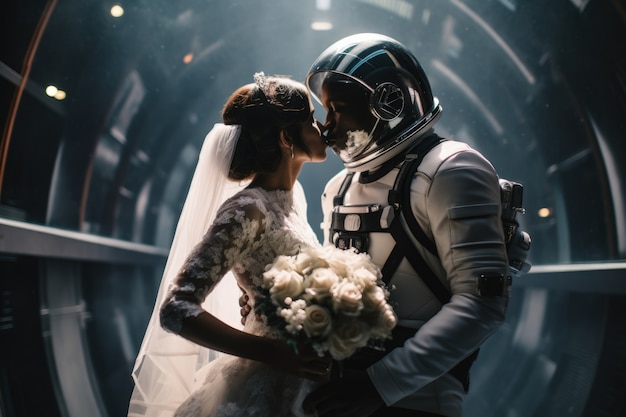 Foto grátis um casal de fantasia a casar-se na estação espacial.