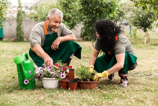Um casal de idosos a cuidar das flores.