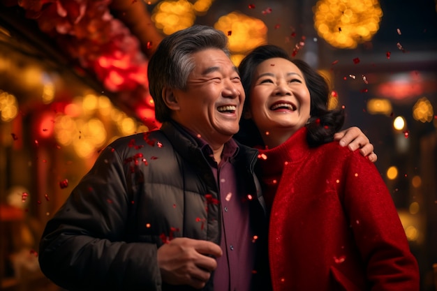Um casal de idosos comemorando o ano novo.