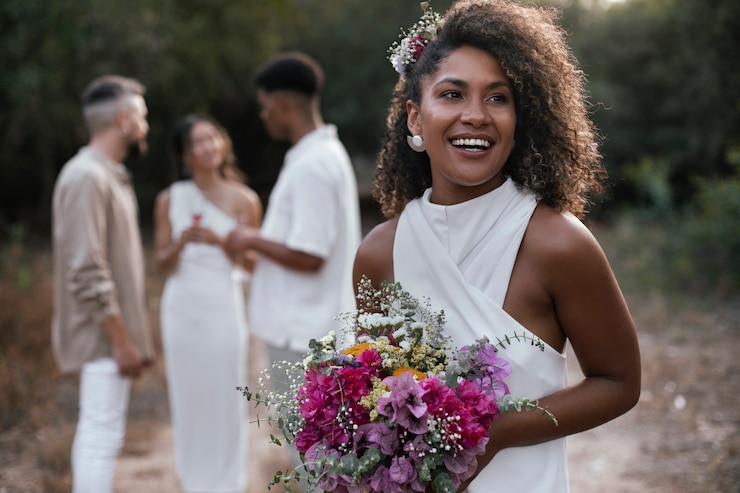 Foto grátis um casal de lésbicas comemorando seu dia de casamento com convidados e amigos
