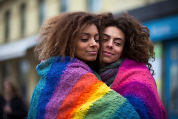 Um casal de lésbicas mostrando afeto e amor com as cores do arco-íris