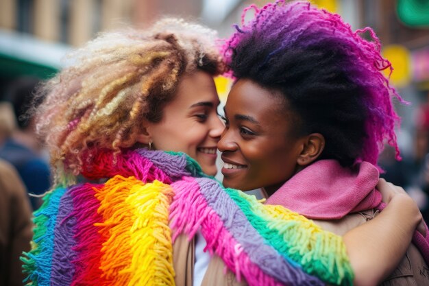 Um casal de lésbicas mostrando afeto e amor com as cores do arco-íris