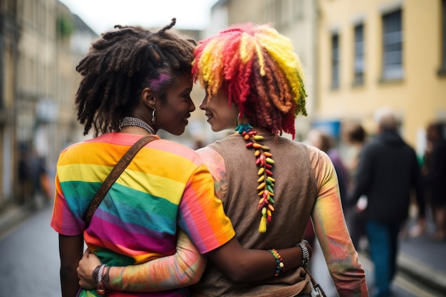 Um casal de lésbicas mostrando afeto e amor com as cores do arco-íris