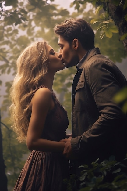 Um casal de tom médio a beijar-se com um fundo de fantasia.