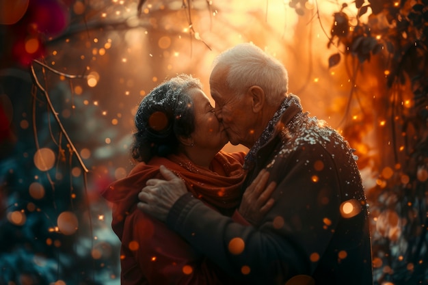 Foto grátis um casal de tom médio a beijar-se em fundo de fantasia.