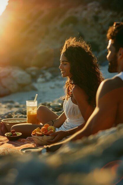 Um casal desfrutando de um piquenique ao ar livre no verão