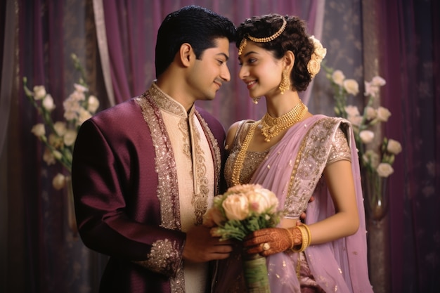 Um casal indiano afetuoso a celebrar o dia da proposta juntos.