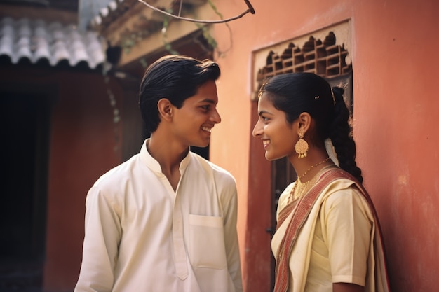 Foto grátis um casal indiano afetuoso a celebrar o dia da proposta juntos.
